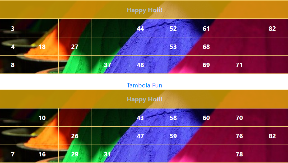 yellow holi colors tambola tickets