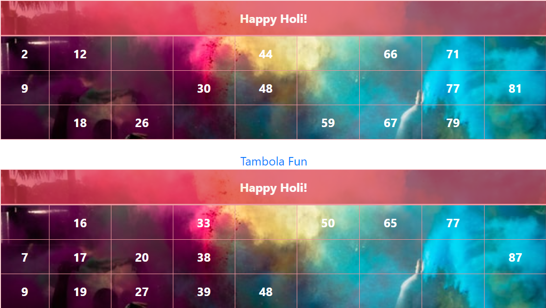 red holi multiple colors tambola tickets