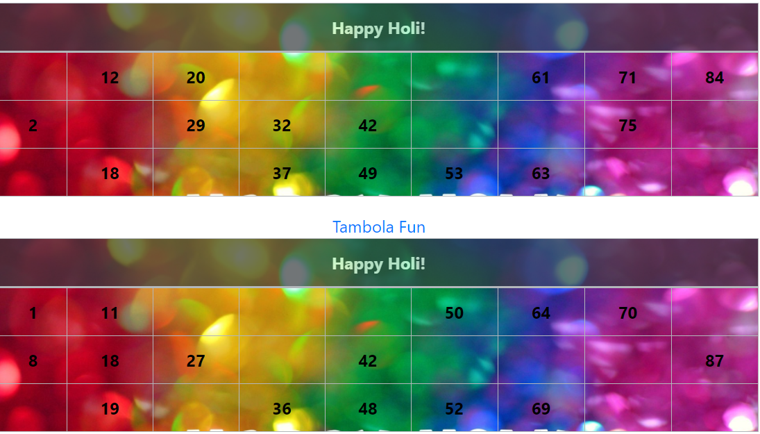 black happy holi tambola tickets