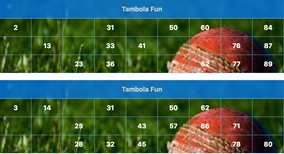 blue cricket ball tambola tickets