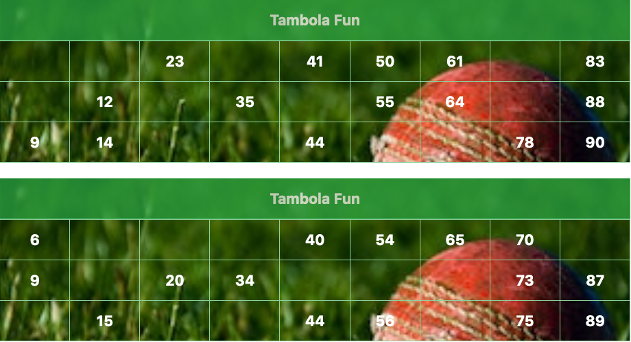 green cricket ball tambola tickets