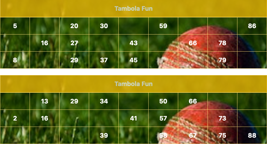 yellow cricket ball tambola tickets