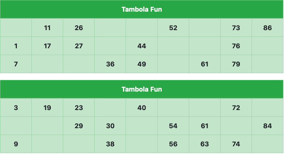 green standard tambola tickets